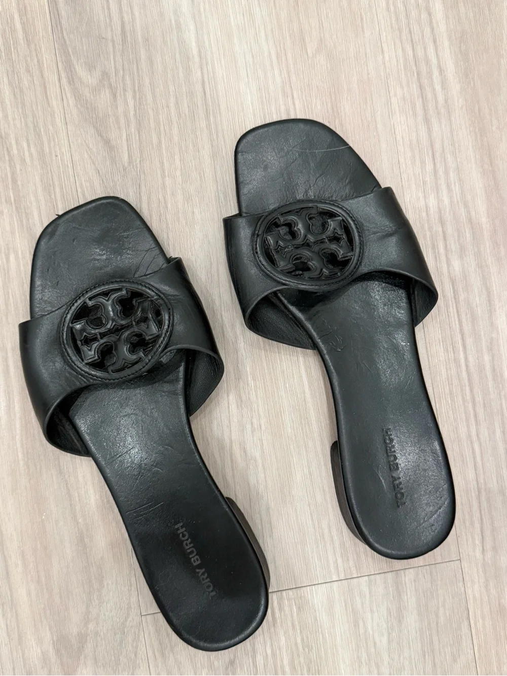 Tory Burch Black Leather Logo Slide Sandals